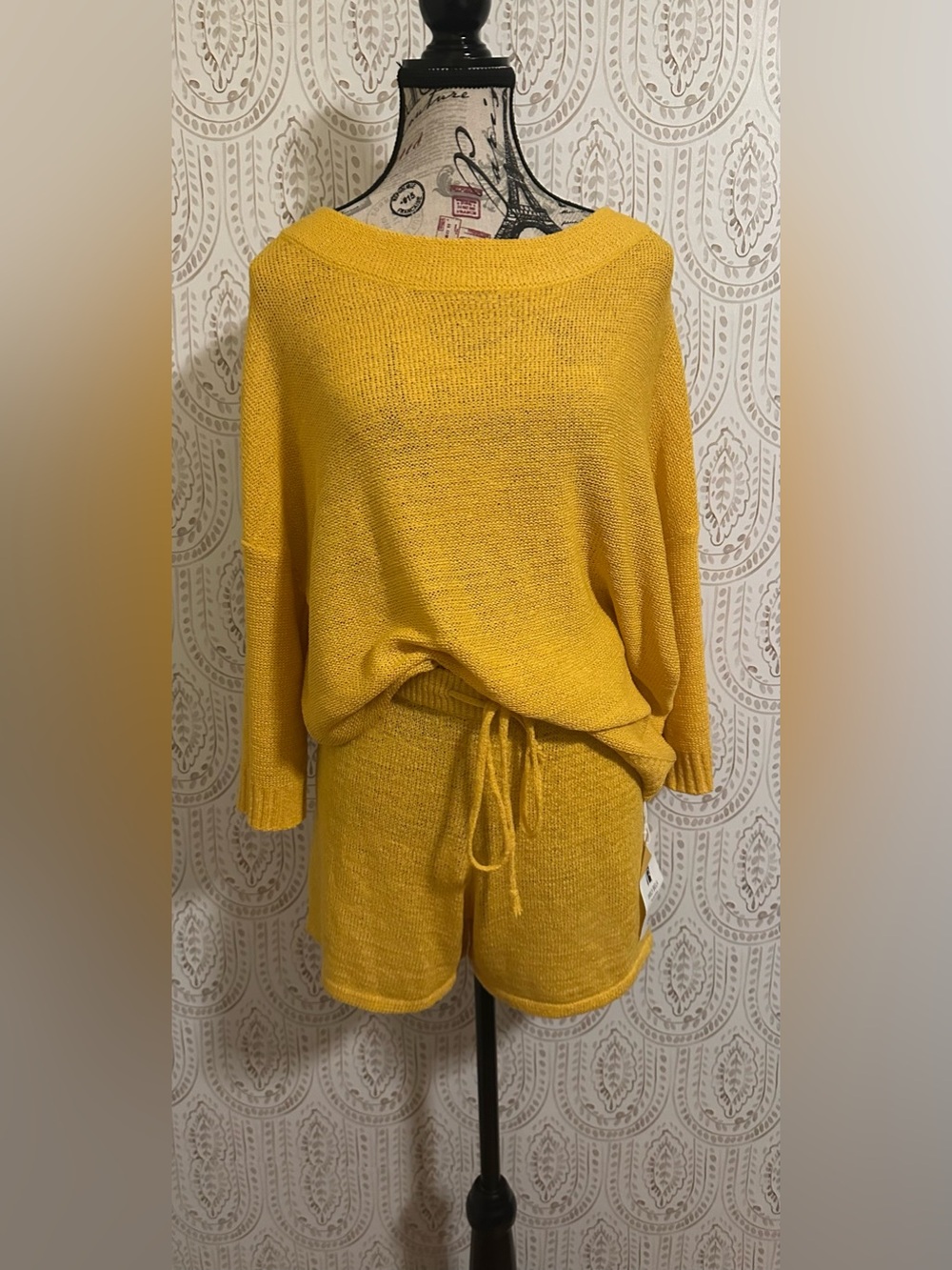 Amazon Women's Mustard Yellow Knit Sweater & High-Waist Drawstring Shorts Set